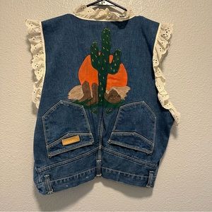 Custom Handmade Denim Jean Up Cycled Vest Women Size Small Ruffle Cactus Western